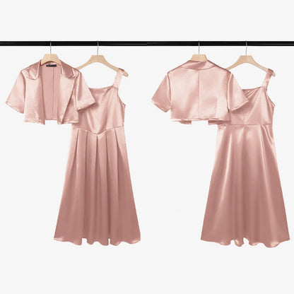 ZANZEA Women's Elegant Satin Dress Sets Sleeveless Pleated Maxi Dress & Short Sleeve Cropped Jackets 2 Piece Sets Fashion Outfit