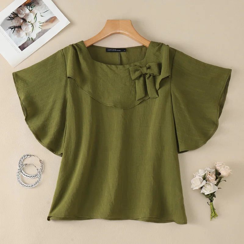 ZANZEA Women Elegant Bow Detail Blouses Summer Square Neck Ruffle Sleeves Solid Color Pullover Tops Casal Loose Blusas de Mujer
