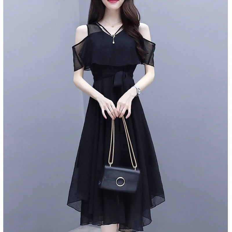 Women's Summer Chiffon Dress Korean Office Lady Graceful Casual Black Off-Shoulder Dresses 2025 New Fashion Clothing Female
