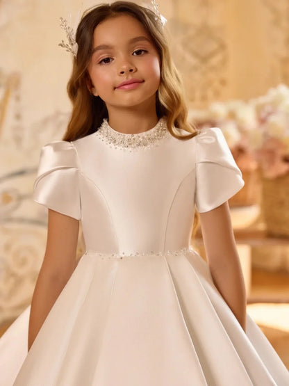 New Arrival Luxury Satin Short Sleeve Flower Girl Dress Kids' Crystal Embellished Formal Pageant Wedding Ball Gown with Train
