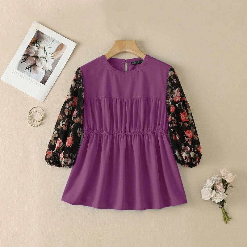 ZANZEA Women's Summer Elegant Blouses Floral Printed 3/4 Lantern Sleeve Patchwork Tops Feminine O-Neck Shirred Blusas de Mujer
