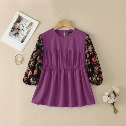 ZANZEA Women's Summer Elegant Blouses Floral Printed 3/4 Lantern Sleeve Patchwork Tops Feminine O-Neck Shirred Blusas de Mujer