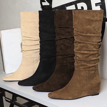 BIGTREE Shoes Women Knee-High Boots Pleated Design Suede Long Boots Pointed Women's Boots Comfortable Autumn And Winter Boots