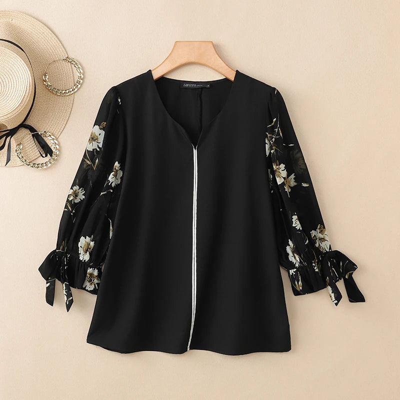 ZANZEA Womens Sophisticated Elegant Blouses Floral Printed 3/4 Puff Sleeve Casual Tops Summer V-Neck Pullover Blusas de Mujer