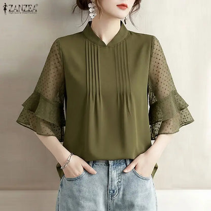 ZANZEA Woman Casual Blouses Pintuck Stand Collar Swiss Dots Patchwork 3/4 Sleeve Tops 2026 Summer Elegant Chic Blusas de Mujer