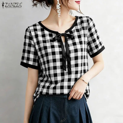 ZANZEA Women Summer Blouses Short Sleeve Blusas Elegant Office Work Tee Casual Plaid Tops O Neck Streetwear Oversize Tunic