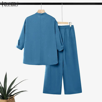ZANZEASummer  Elegant Stand Neck 3/4 Sleeve Blouse Trousers Suit Women Outfits Casual Solid OL Work Tracksuit 2 Pieces Pant Sets