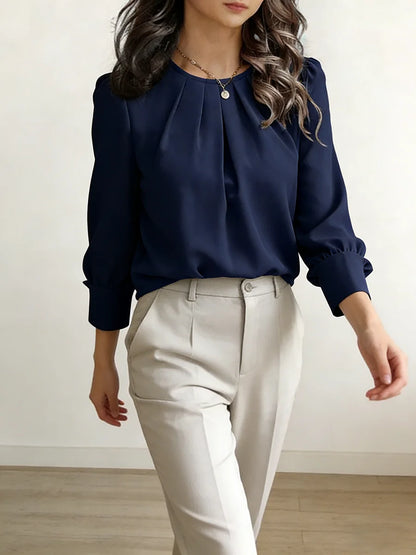 Women's Blouse Round Neck Long Sleeve Tops Solid Pleated Loose Tops Elegant Blouse Spring Summer Casual Blouse Office Light Tops