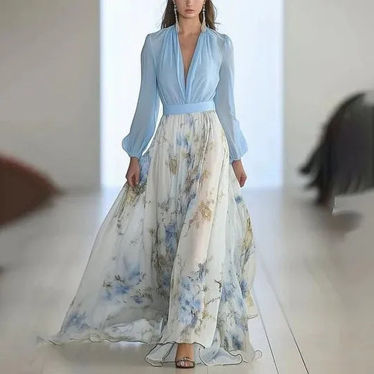 Pakistani Woman Dress Puff Sleeve V Neck High Waist Printed Maxi Dress Floral Print Flowing Skirt Blue And White Lightweight