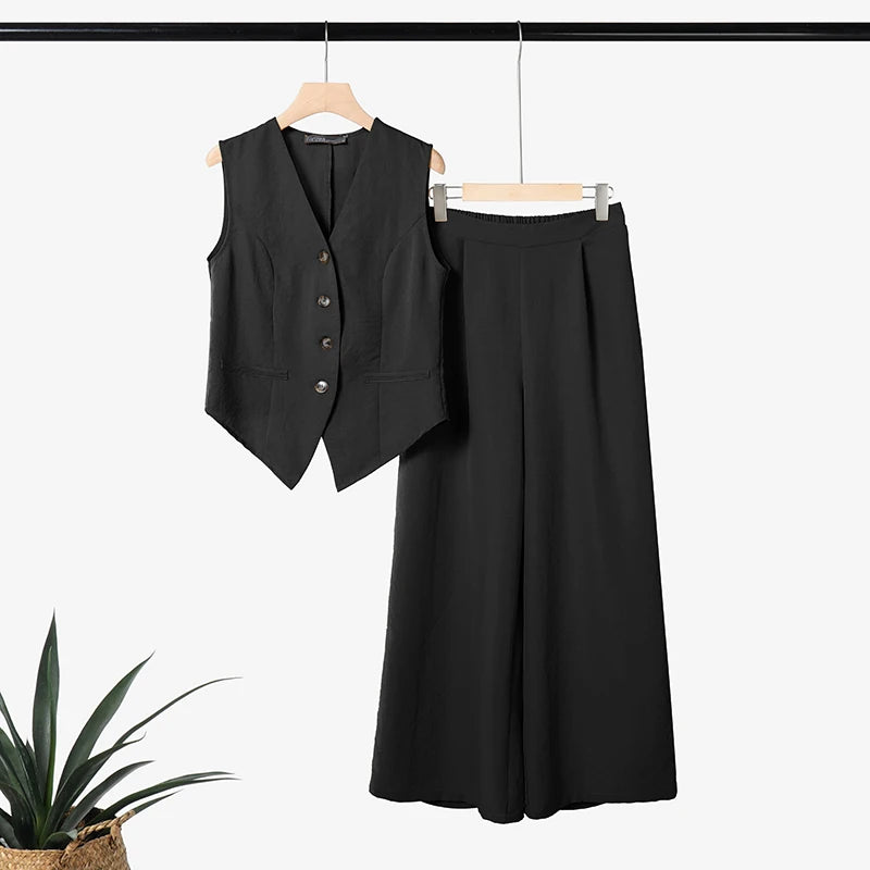 2026 ZANZEA Elegant Sleeveless Tank Tops Wide Leg Pant Sets Summer Women 2 Pieces Sets Elegant Solid OL Work Outfits Tracksuit