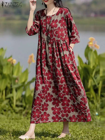 ZANZEA Bohemian Floral Printed Dress Autumn Long Sleeve O-Neck Maxi Robe Woman Casual Holiday Sundress Elegant Party Vestidos