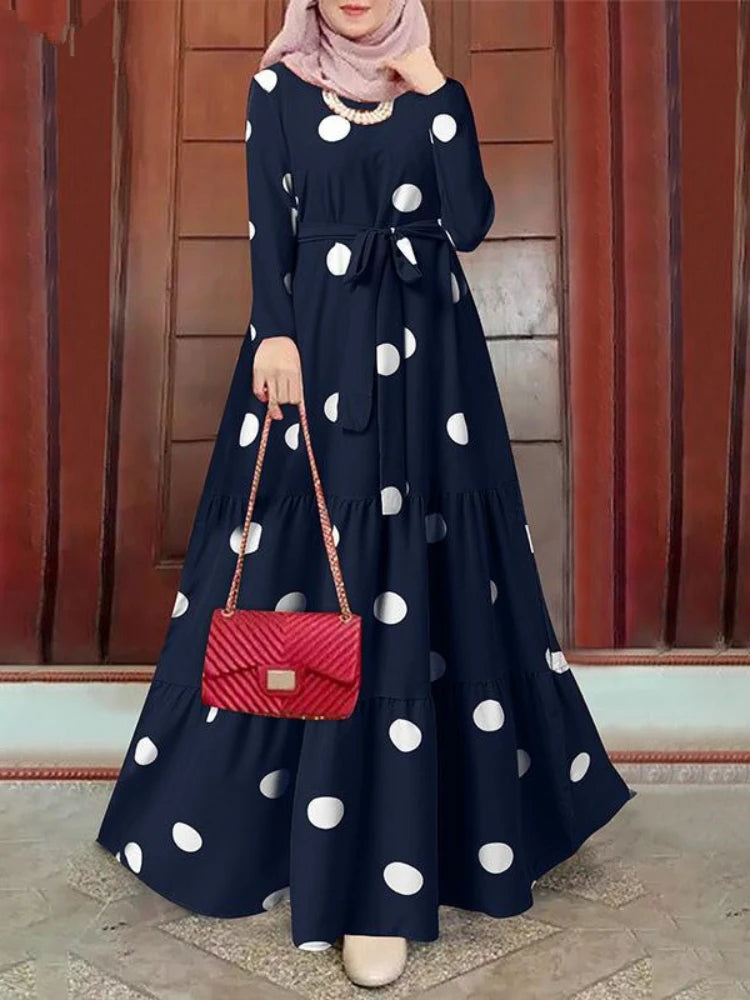 Women dress Eid Muslim Abaya Long Sleeve O Neck Dubai Abayas Ramadan Morocco Spliced Print Belt Long Robe Kaftan Casual Loose