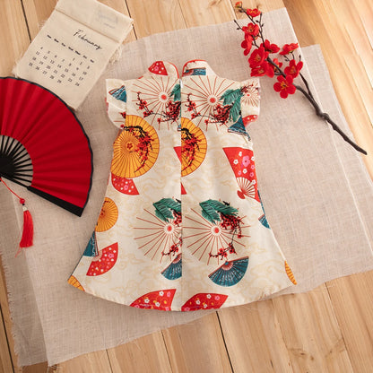 Baby Cheongsam Summer Chinese Style Print Fly Sleeve Cotton Red Qipao Toddler Girl Dress 0-2 Years