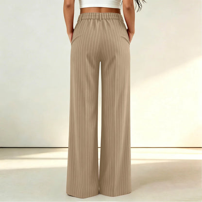 Women Striped Vintage Elastic Back Waist Suit Pants Draped Wide Leg Slacks Business Commute Casual Work Office Ladies Trousers