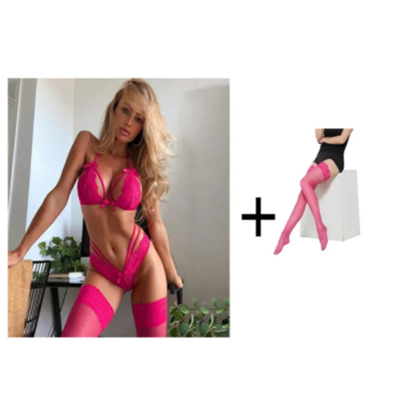 Women's Lingerie Set Sexy Lace Underwear See Through Bikini Erotic Bra for Ladies Low-waisted Thong Solid Color Erotic Lingerie