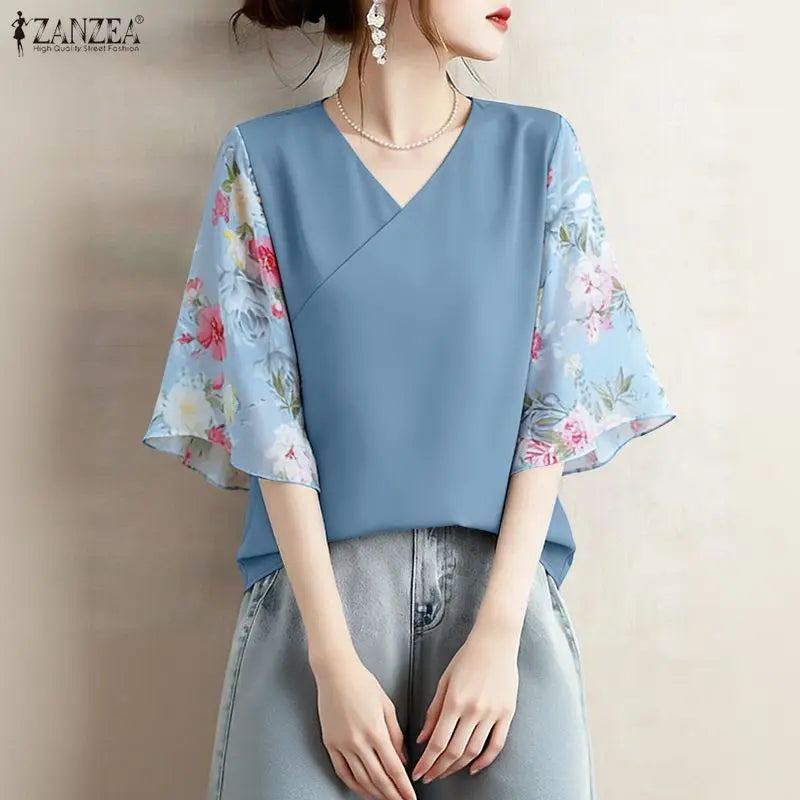 ZANZEA Woman Floral Print 3/4 Sleeve Blouses Elegant Patchwork V-Neck Pullover Tops 2026 Summer Daily Casual Blusas de Mujer