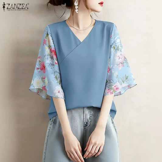 ZANZEA Woman Floral Print 3/4 Sleeve Blouses Elegant Patchwork V-Neck Pullover Tops 2026 Summer Daily Casual Blusas de Mujer