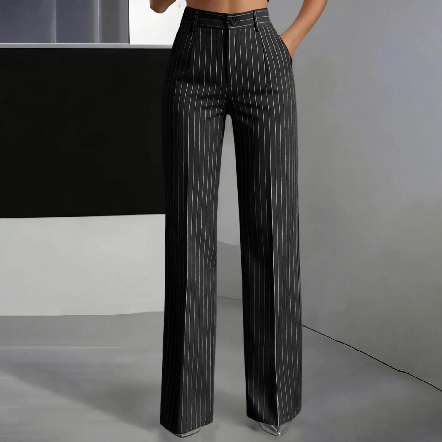 Women Striped Vintage Elastic Back Waist Suit Pants Draped Wide Leg Slacks Business Commute Casual Work Office Ladies Trousers