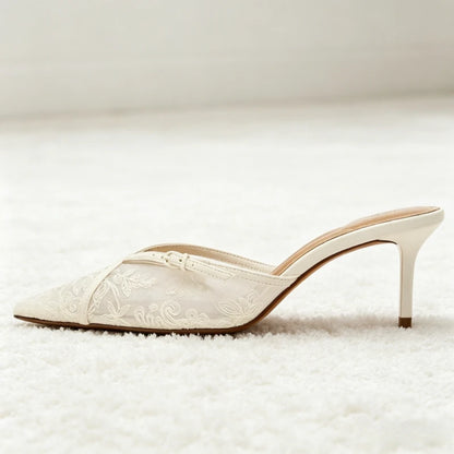 Embroidered Mesh Mules Sandals Women Sexy Pointed-toe Stilettos Slippers for Ladies Breathable High Heels Elegant Party Shoes