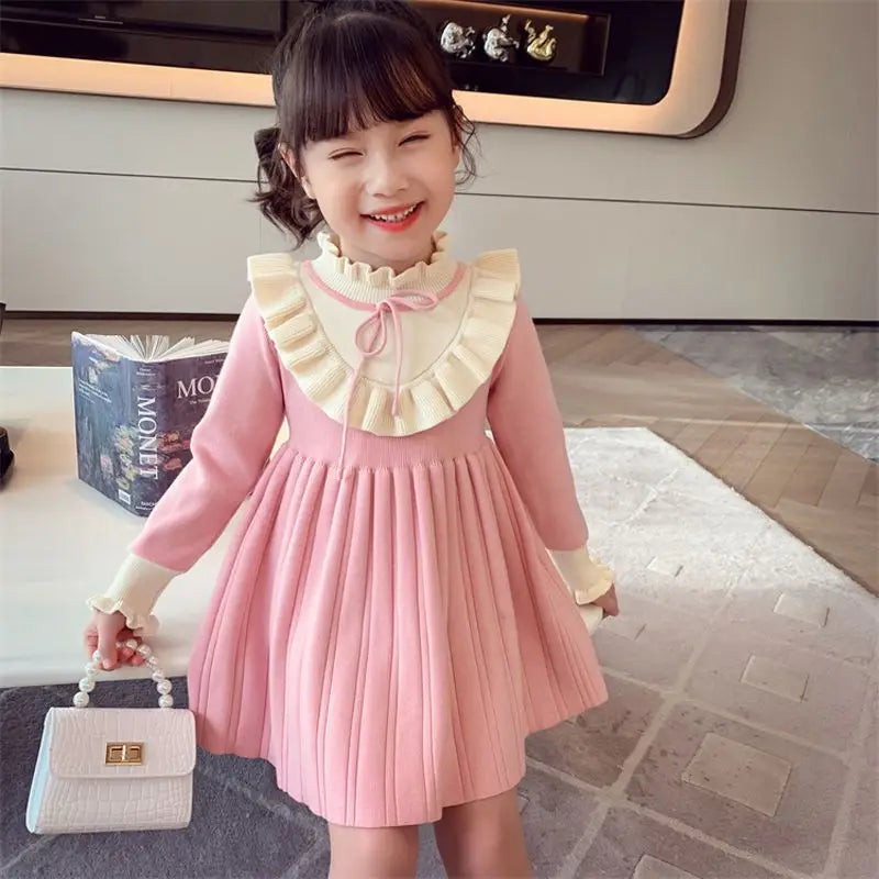2025 New Girls Autumn Winter Ruffled Collar Long Sleeve Knit Princess Dress Stylish Childrens Cotton Dress