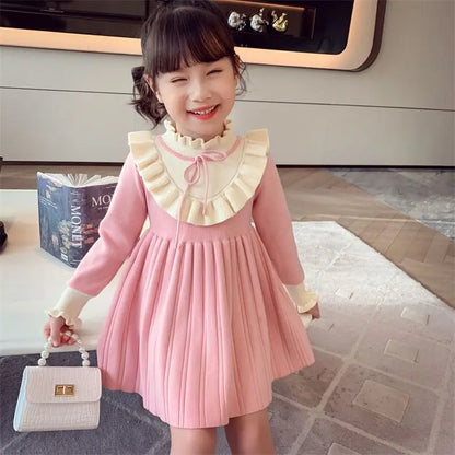 2025 New Girls Autumn Winter Ruffled Collar Long Sleeve Knit Princess Dress Stylish Childrens Cotton Dress