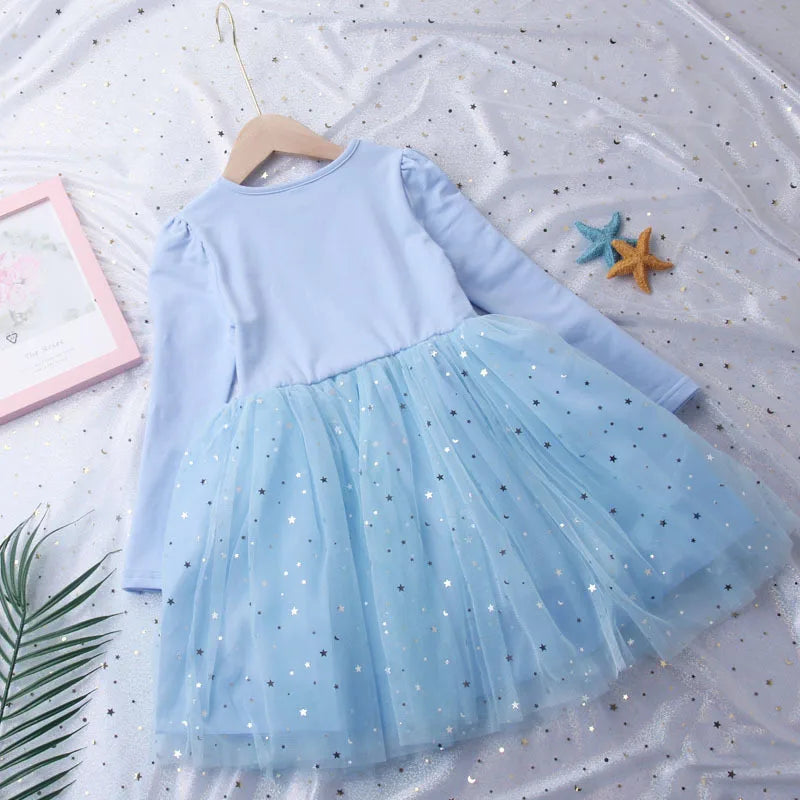 2026 New Snow Queen Dress for Girls Long Sleeve Cotton Lining Puffy Tulle Tutu Princess Gown Kids Birthday Party Clothes Blue