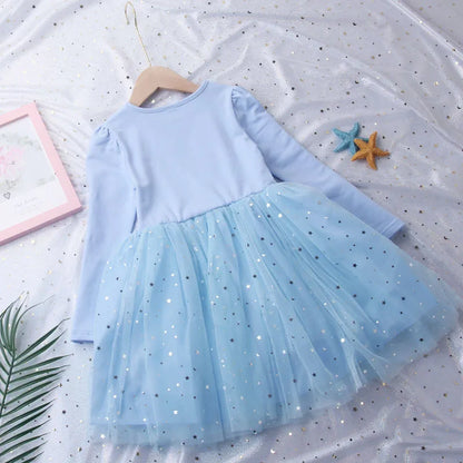 2026 New Snow Queen Dress for Girls Long Sleeve Cotton Lining Puffy Tulle Tutu Princess Gown Kids Birthday Party Clothes Blue