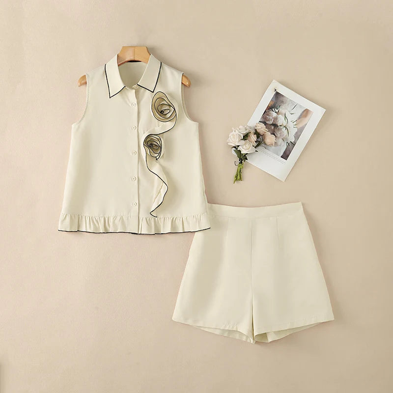 ZANZEA Women Summer 2-Piece Short Sets Fabric Flower Sleeveless Shirts & Elastic Waist Shorts Matching Sets Casual Daily Co-ords