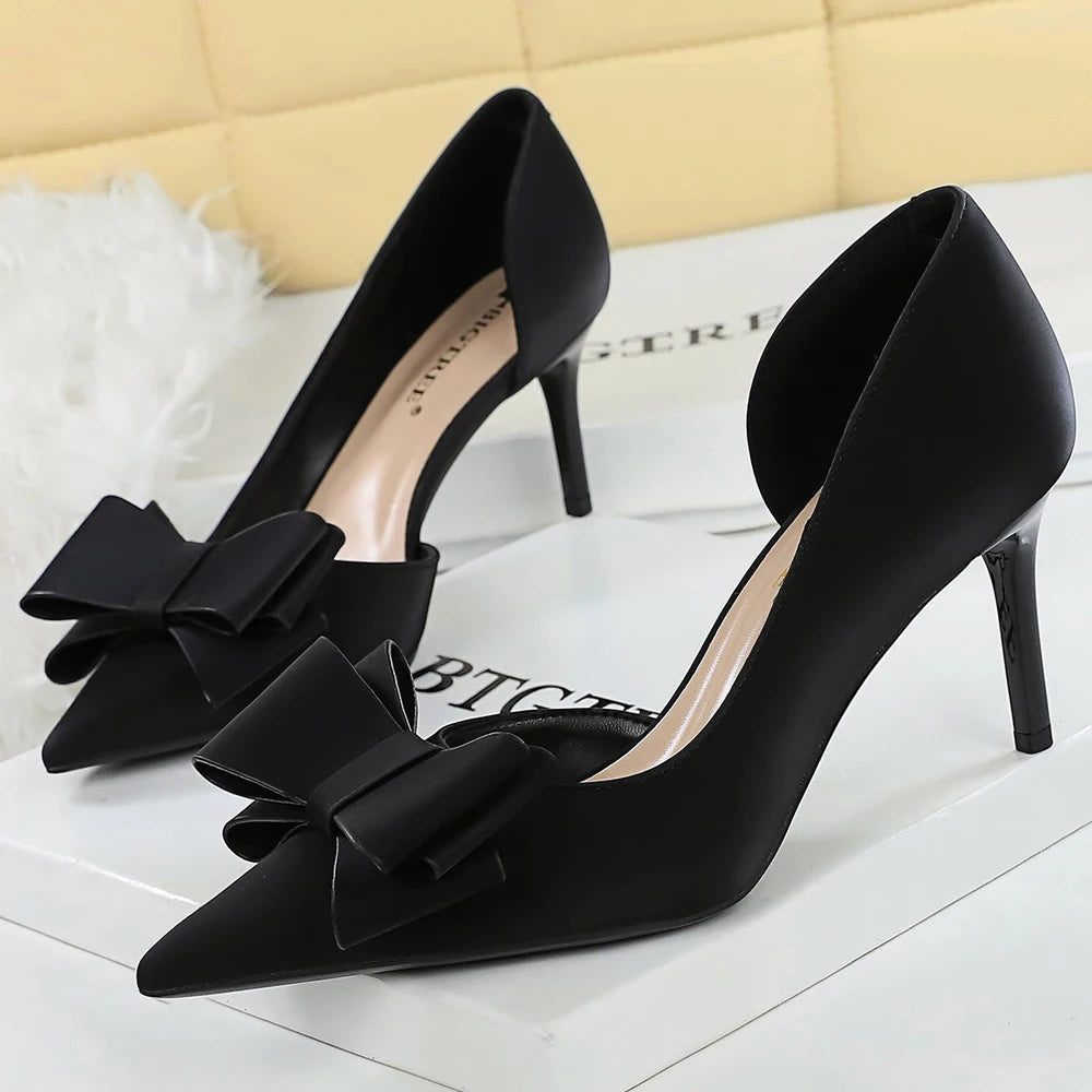 Large Size 43 Women Pumps Stilettos 7 cm Heels Women Shoes Silks Satins Kitten High Heels Three Layer Bowknot Design Women Heels