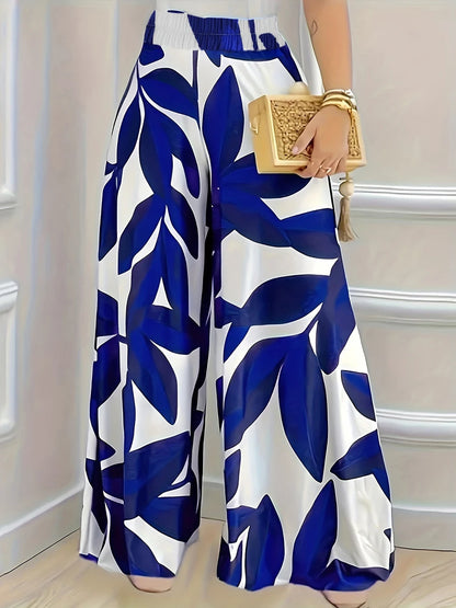 Autumn Winter Women Elegant Leaf Print Wide Leg Pants High Waist Loose Casual Trousers Vintage Palazzo Pants Streetwear Female