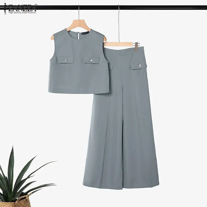 ZANZEA Women's Summer Elegant Pant Suits Sleeveless Cropped Tops & Wide Leg Pants 2 Pieces Sets Office Commute Pant Sets Outfits