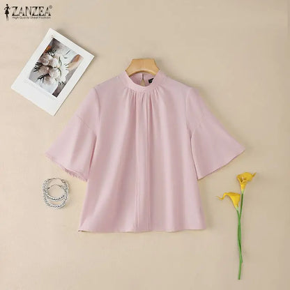 ZANZEA Elegant Loose Blouses Women's Stand Collar Half Sleeves Pleated Tops Summer Daily Casual Solid Color Blusas de Mujer
