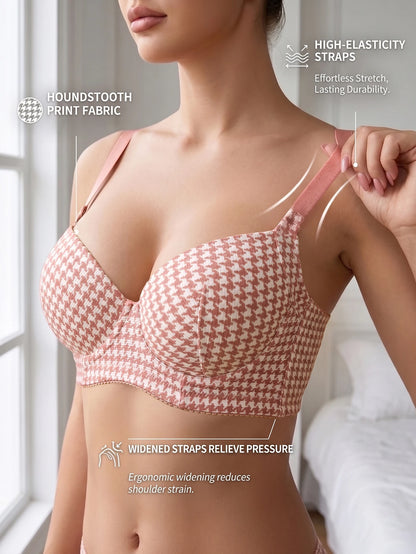 Women Houndstooth Push Up Bra Underwire Wide Side Band Gathering Everyday Thin Cup Comfortable Bra