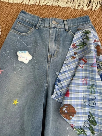 Seven-Quarter Length Embroidered Wide Leg Loose Fit Thin Denim Shorts Summer New Style Korean Style High Waist Straight Tube ...