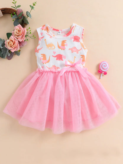 Summer Toddler Girls Dress Cute Cartoon Dinosaur Print Sleeveless Tank Dresses with Bow Mesh Tulle Tutu Skirts Kids Outfits 1-6Y
