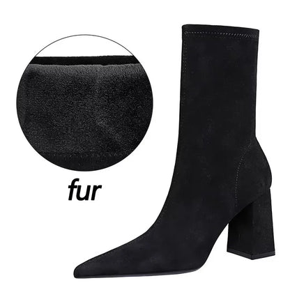 BIGTREE Shoes High Heel Boots Suede Women Ankle Boots Pointed Toe Socks Boots Thick Heel Women Shoes Warm Winter Boots Size 43