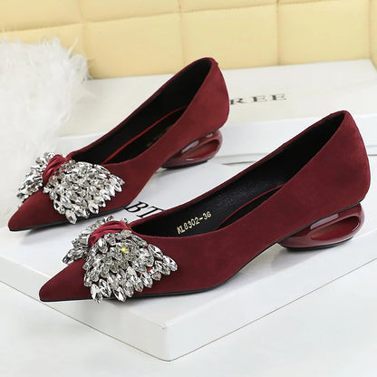 BIGTREE Shoes Rhinestone Bow Low Heeled Women's Shoes Hollow Heel Design Women Pumps Professional Suede Office Shoes Fashion