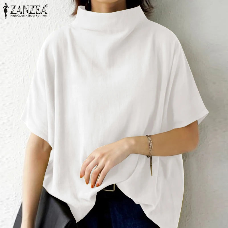 ZANZEA Causal Pure Cotton Blouse Summer Women Solid  Turtleneck Short Sleeve Back Zipper Blusas Elegant Holiday Tops Oversized