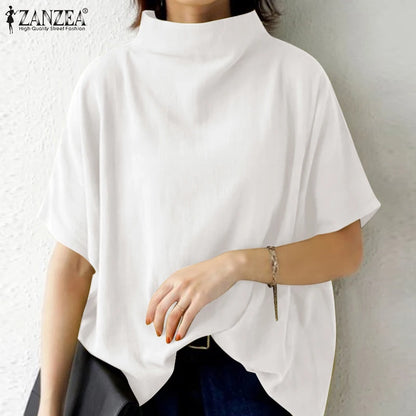 ZANZEA Causal Pure Cotton Blouse Summer Women Solid  Turtleneck Short Sleeve Back Zipper Blusas Elegant Holiday Tops Oversized