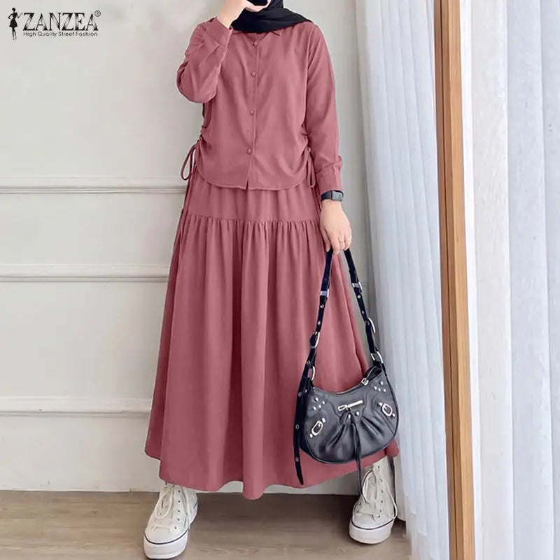 2026 ZANZEA Fashion Women Long Sleeve Shirt Dress Sets Muslim Matching Set Ramadan Outfit Hijab Tracksuit Solid Work Skirt Suit