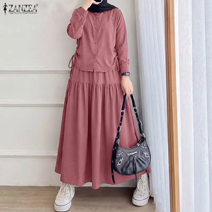 2026 ZANZEA Fashion Women Long Sleeve Shirt Dress Sets Muslim Matching Set Ramadan Outfit Hijab Tracksuit Solid Work Skirt Suit