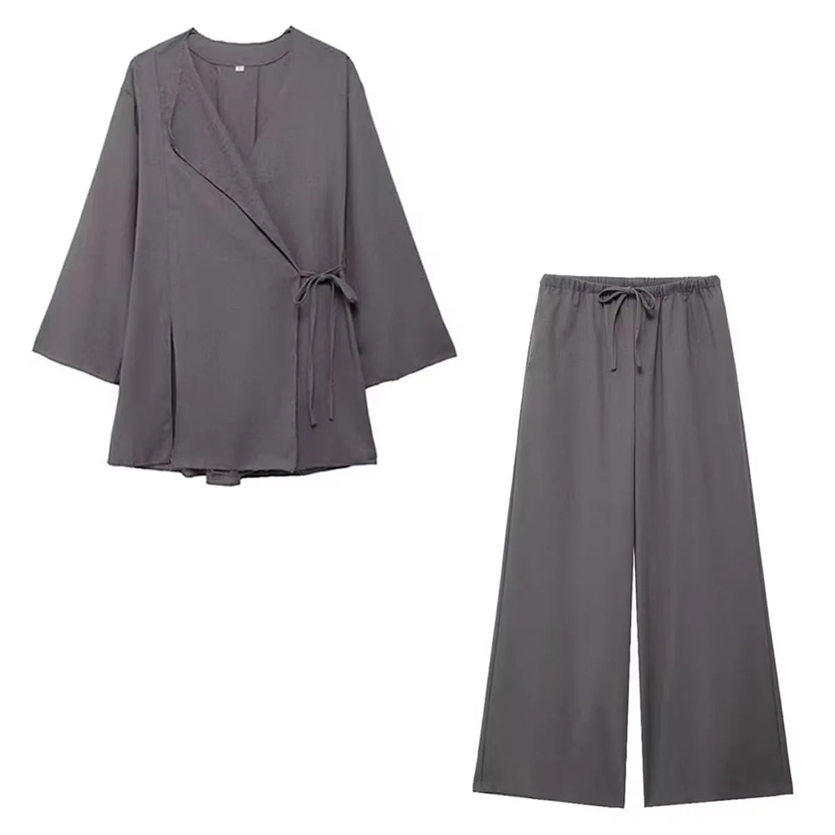 HH 2025 Spring Women Fashion Linen Suits New Solid Cardigan Kimono Top + Versatile Outerwear Female Wide Leg Long Pant