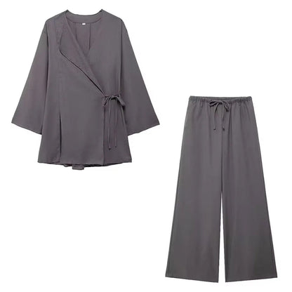 HH 2025 Spring Women Fashion Linen Suits New Solid Cardigan Kimono Top + Versatile Outerwear Female Wide Leg Long Pant
