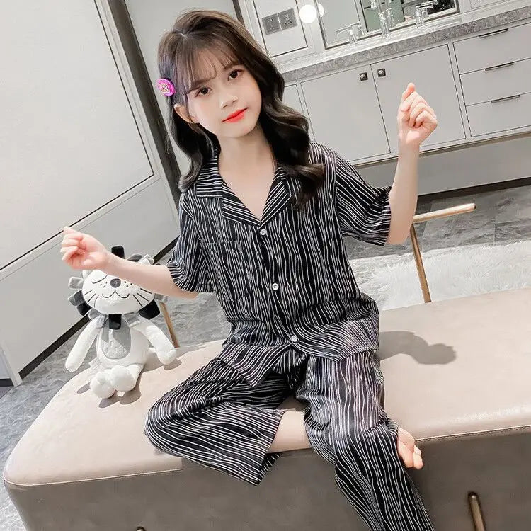 Girls Summer Ice Silk Pajamas Set Short Sleeve Princess Style Cooling Homewear for Kids