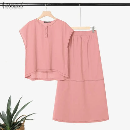 ZANZEA Summer 2 Piece Sets Elegant Women Short Sleeve Blouse Dress Sets Stylish Solid OL Work Outfits Casual Holiday Skirt Suit