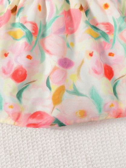 Girls' floral printed bubble sleeve square neck dress with backless straps and bow, suitable for outdoor wear in spring/summer