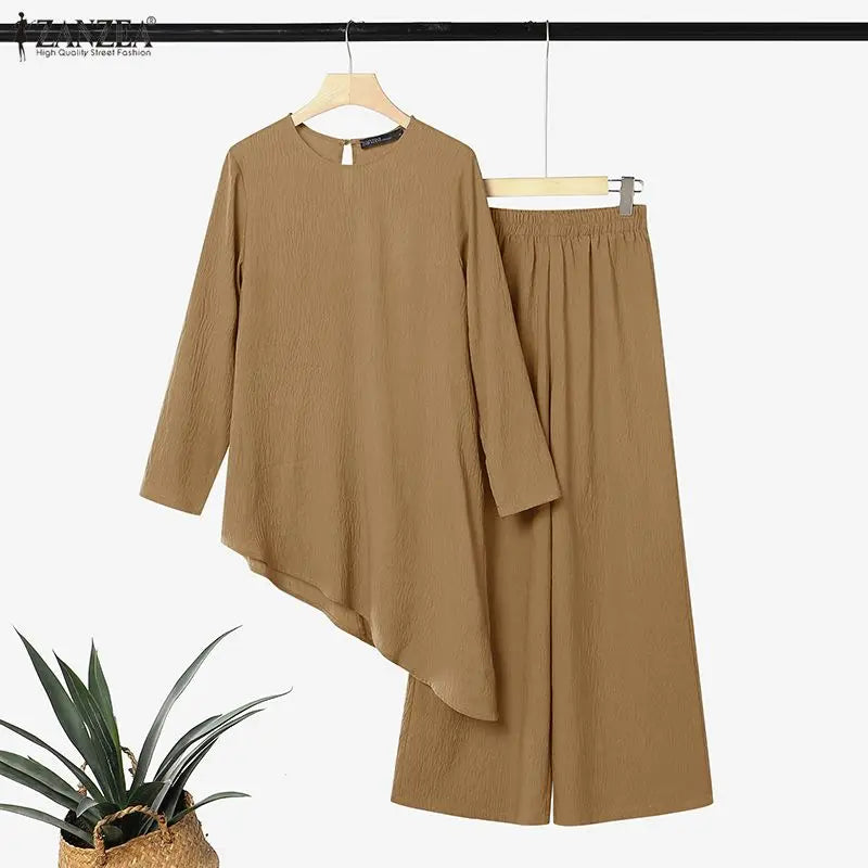 Ramadan Muslim Sets Outfit ZANZEA Modest Women 2 Piece Sets Casual O Neck Long Sleeve Tops Pant Sets Irregular Abaya Kaftan 2026