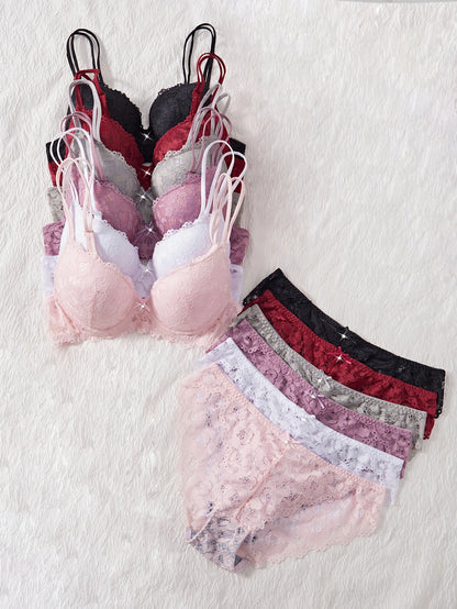 6-Piece Set Women's Underwear Set Sexy Patterned Lace Patchwork No Lining Comfortable Fitting Women's Push-Up Bra Sexy Lingerie