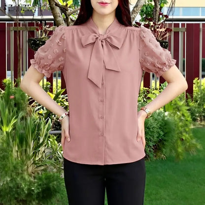 ZANZEA 2026 Summer Fil Coupe Shirts Women Elegant Tie-Neck Short Puff Sleeve Solid Color Button Up Tops Commute Work Camisas