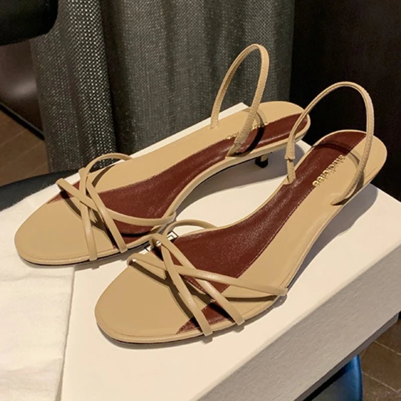 Fashion Pointed Toe Cross Tied Kitten Heel Sandal Women Summer Sexy Open Toe Patchwork Slide Sandal Elegant Comfort Zapato Mujer